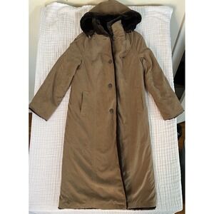 DONNA SALYERS FABULOUS FURS TAN WITH Brown FAUX MINK HOODED STORM COAT SIZE S